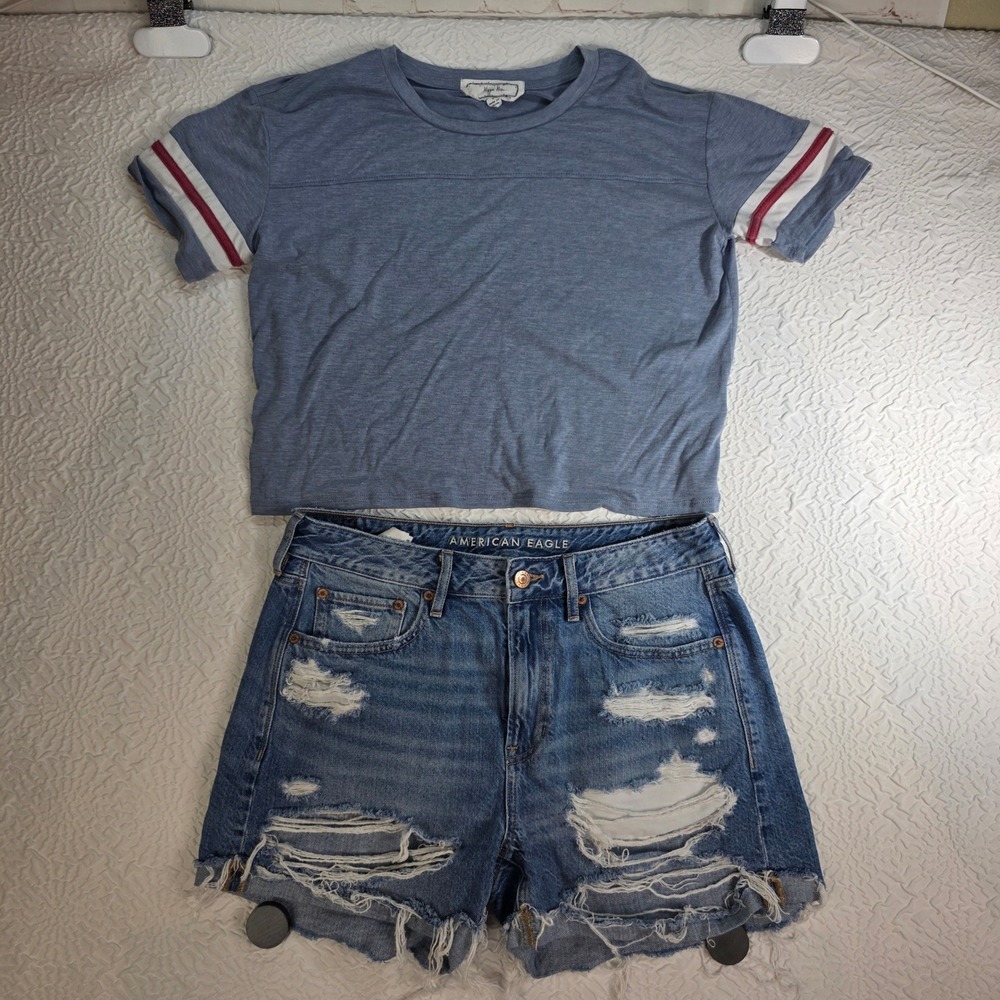 American Eagle Tomgirl Shorts 6 Hippie Rose Striped Tee Small Summer Bundle Blue